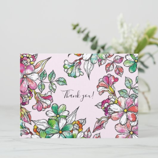 Pink and green flowers　フラット dankeskarte (Stehend Vorderseite)