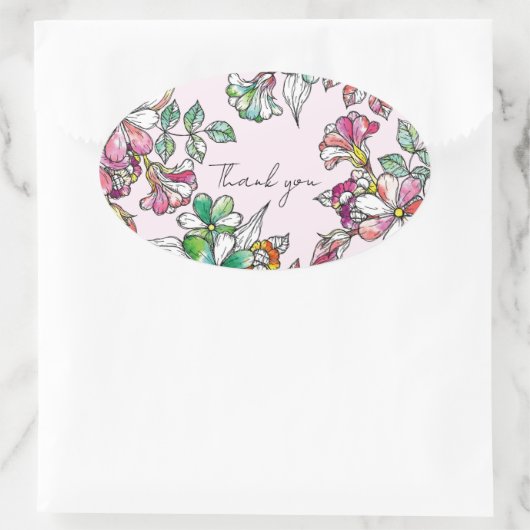 Pink and green flowers ovaler aufkleber (Tasche)