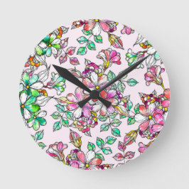 Pink and green flowers runde wanduhr
