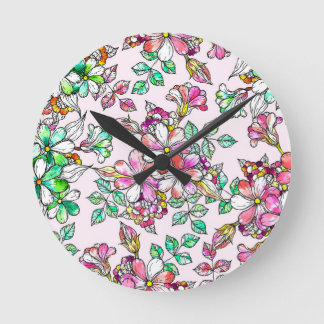 Pink and green flowers runde wanduhr