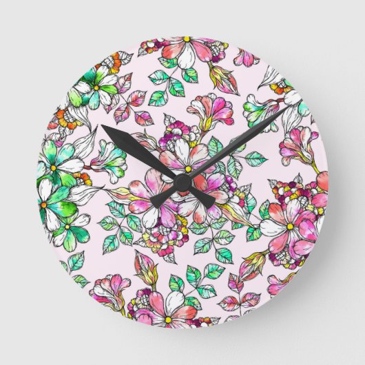 Pink and green flowers runde wanduhr (Vorderseite)