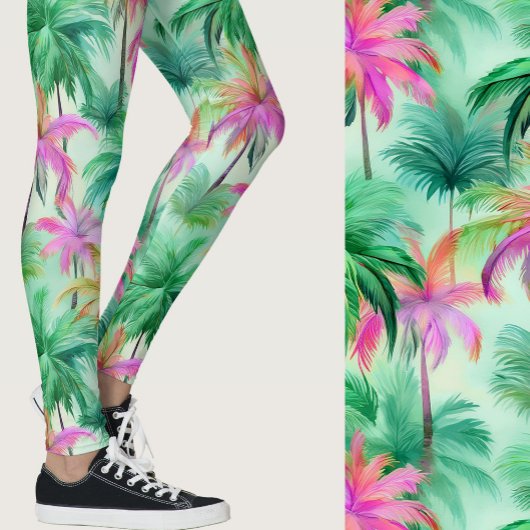 Pink and Green Palm Trees Tropical Patterned Leggings