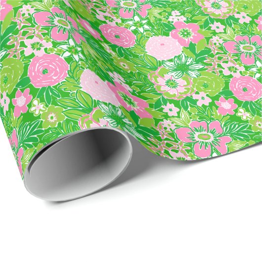 Pink and Green Preppy Palm Beach Floral Geschenkpapier (Rolleneckpunkt)