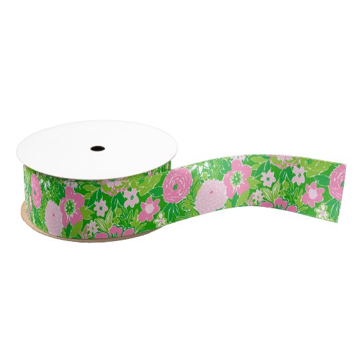 Pink and Green Preppy Palm Beach Floral Ripsband (Spule)