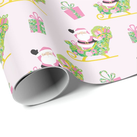 Pink and Green Preppy Palm Beach Santa Claus Geschenkpapier (Rolleneckpunkt)