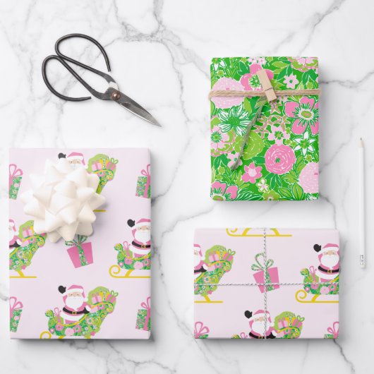 Pink and Green Preppy Palm Beach Santa Claus Geschenkpapier Set (Vorderseite)