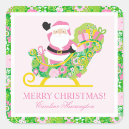 Pink and Green Preppy Palm Beach Santa Enclosure Quadratischer Aufkleber