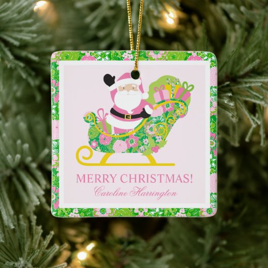 Pink and Green Preppy Palm Beach Santa Keramikornament (Baum)