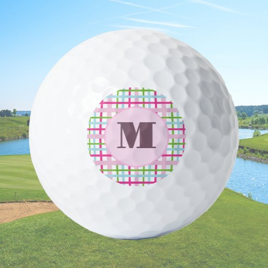 Pink and green preppy plaid custom monogram ladies golfball