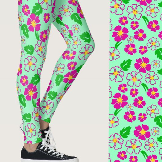 Pink and Green Tropical Flowers Patterned Leggings