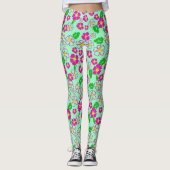 Pink and Green Tropical Flowers Patterned Leggings (Vorderseite)