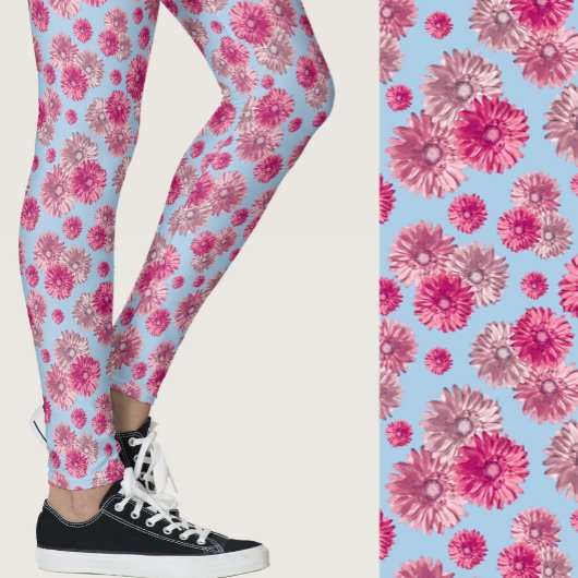 Pink and light blue gerbera daisy floral Patterned Leggings
