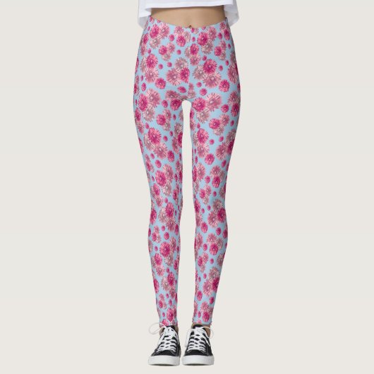 Pink and light blue gerbera daisy floral Patterned Leggings (Vorderseite)