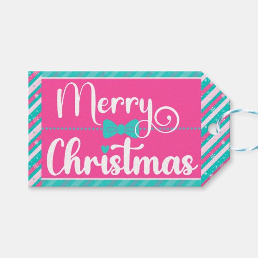 Pink and Mint Bright Christmas Diagonal Stripe Geschenkanhänger (Vorderseite (Horizontal))