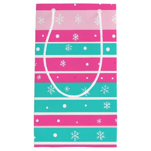 Pink and Mint Horizontal Striped Snowflake Kleine Geschenktüte (Vorderseite)