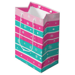 Pink and Mint Horizontal Striped Snowflake Mittlere Geschenktüte