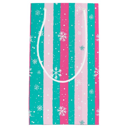 Pink and Mint Vertical Striped Snowflake Kleine Geschenktüte (Vorderseite)