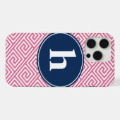 Pink and Navy Blue Greek Key Pattern Monogram iPhone Hülle (Rückseite (Horizontal))