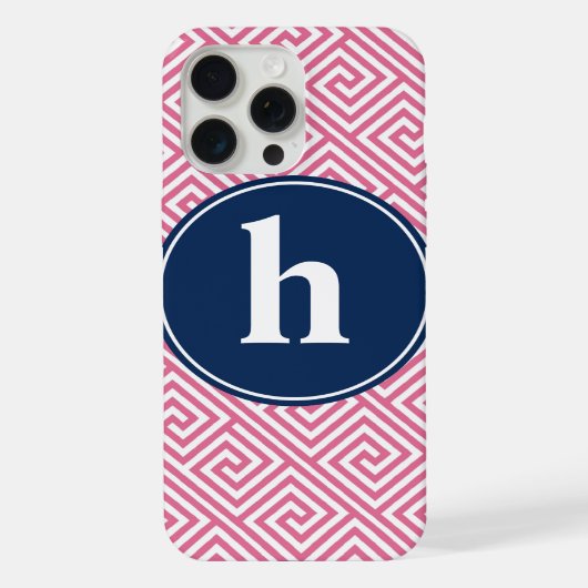 Pink and Navy Blue Greek Key Pattern Monogram iPhone Hülle (Rückseite)