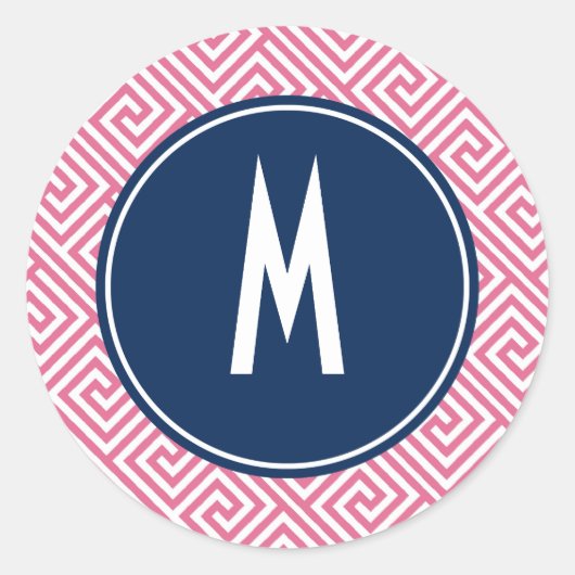 Pink and Navy Blue Greek Key Pattern Monogram Runder Aufkleber (Vorderseite)