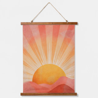 Pink and Orange Boho Sunrise Wandteppich Mit Holzrahmen