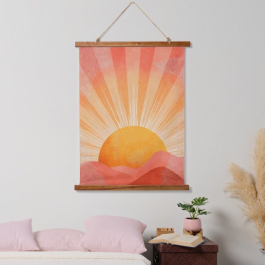 Pink and Orange Boho Sunrise Wandteppich Mit Holzrahmen (Schlafzimmer)