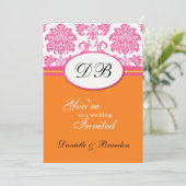 Pink and Orange Damask Monogram Wedding Invitation Einladung (Stehend Vorderseite)