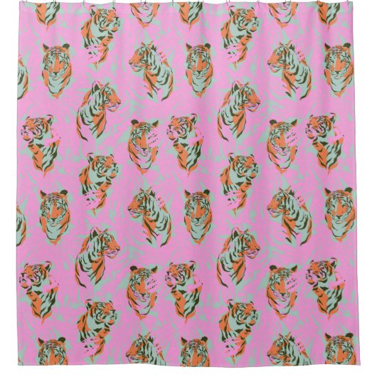 Pink and Orange Tiger Jungle Maximalist Pattern Duschvorhang (Vorderseite)