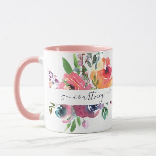 Pink and orange watercolor floral personalized tasse (Links)