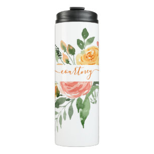 Pink and orange watercolor floral personalized thermosbecher