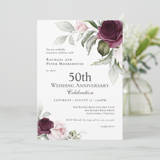 Pink and Plum Botanical Charm 50th Anniversary Einladung (Stehend Vorderseite)
