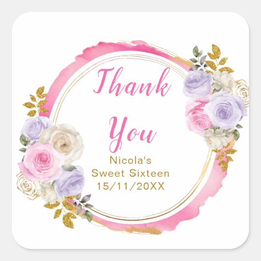 Pink and Purple Elegant Flowers Sweet Sixteen Quadratischer Aufkleber (Vorderseite)