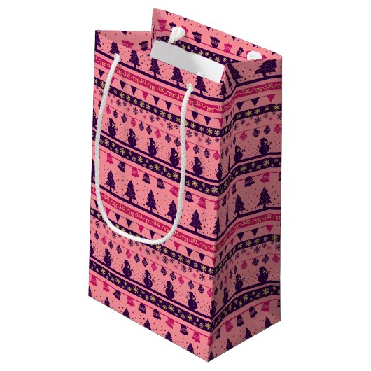 Pink and Purple Festive Holiday Cheer Kleine Geschenktüte (Rückseite Schrägansicht)