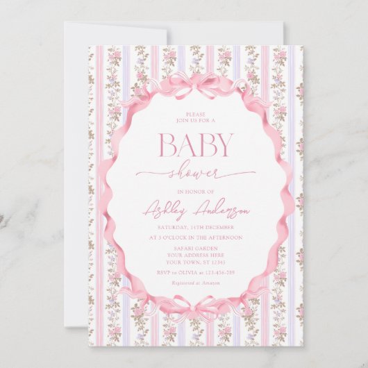 Pink and Purple Floral Vintage Baby Girl Shower Einladung (Vorderseite)