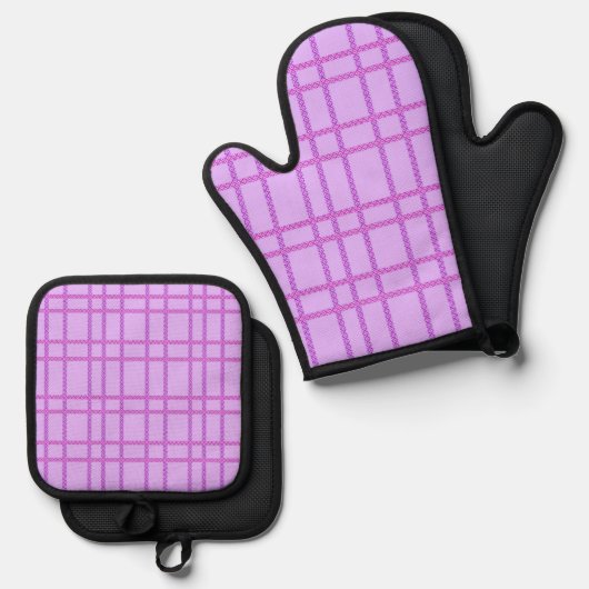 Pink and purple flower checkered pattern ofenhandschuh & Topflappen-Set (Vorderseite/Rückseite)