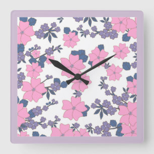 PINK AND PURPLE FLOWER PATTERN QUADRATISCHE WANDUHR