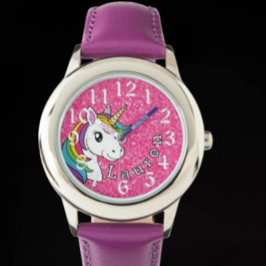Pink and Purple Glitter unicorn add name Armbanduhr