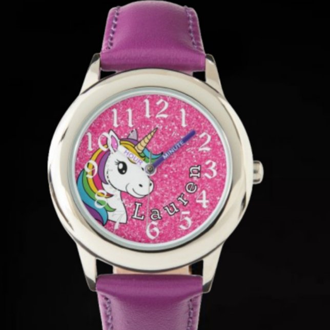  Pink and Purple Glitter unicorn add name Armbanduhr (Von Creator hochgeladen)