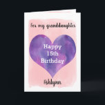 Pink and Purple Happy 15th Birthday Granddaughter Karte<br><div class="desc">A pretty purple and pink 15th birthday granddaughter card that feature a watercolor heart against pretty pink watercolor, which you can personalize underneath the heart with name. The inside of this watercolors birthday card reads a heartfelt detection, which an be easily personalized. The back feys the heart along with Happy...</div>