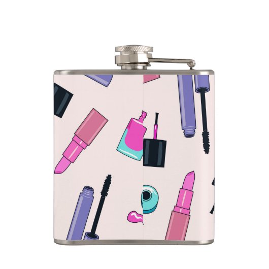 Pink and Purple Make Up Cosmetics Pattern Flachmann (Rückseite)