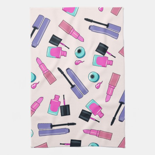 Pink and Purple Make Up Cosmetics Pattern Geschirrtuch (Vertikal)