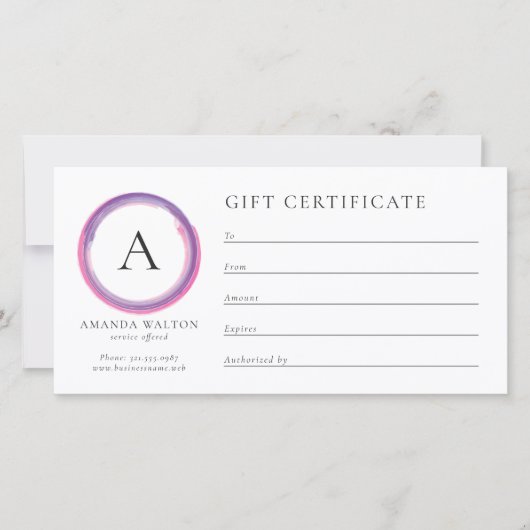Pink and Purple Monogram Business Gift Certificate (Vorderseite)