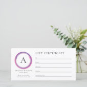 Pink and Purple Monogram Business Gift Certificate (Stehend Vorderseite)