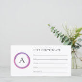 Pink and Purple Monogram Business Gift Certificate (Stehend Vorderseite)