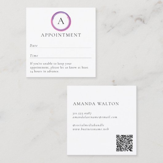 Pink and Purple Monogram QR Code Modern Terminkarte (Vorne/Hinten)