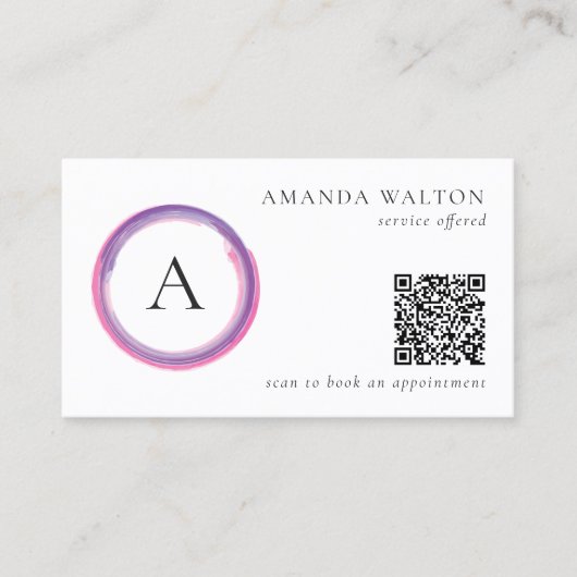 Pink and Purple Monogram QR Code Modern Visitenkarte (Vorderseite)