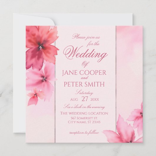 Pink and red flowers floral Wedding Invitation Einladung (Vorderseite)