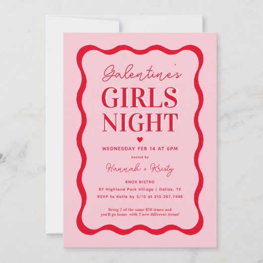 Pink and Red Galentine's Girls Night Party Einladung (Vorderseite)
