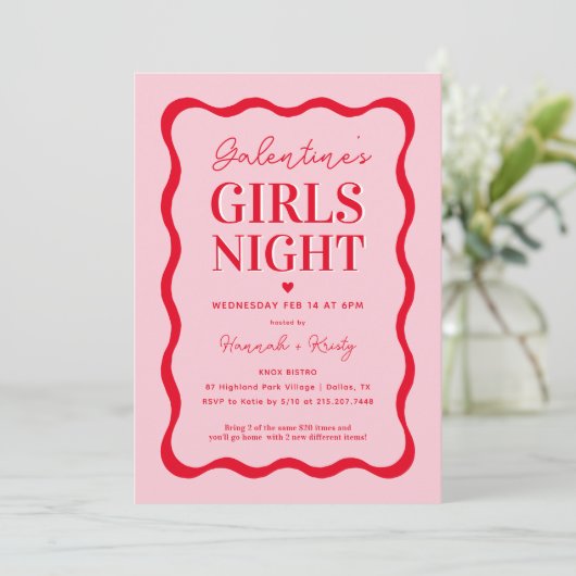 Pink and Red Galentine's Girls Night Party Einladung (Stehend Vorderseite)