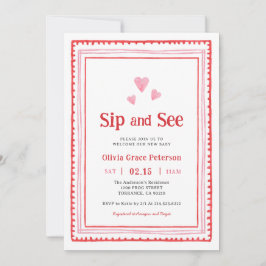 Pink and Red Hearts New Baby Sip and See Einladung